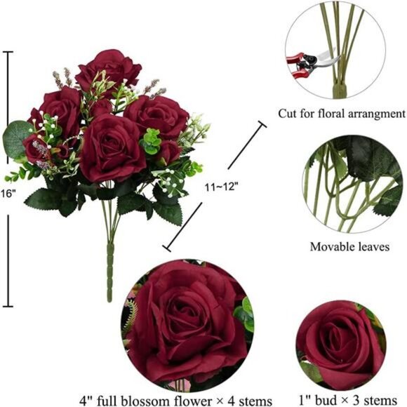 Red Roses Artificial Flowers Bulk Faux Flowers Silk Rose Flowers Bouquets - Picture 5 of 6